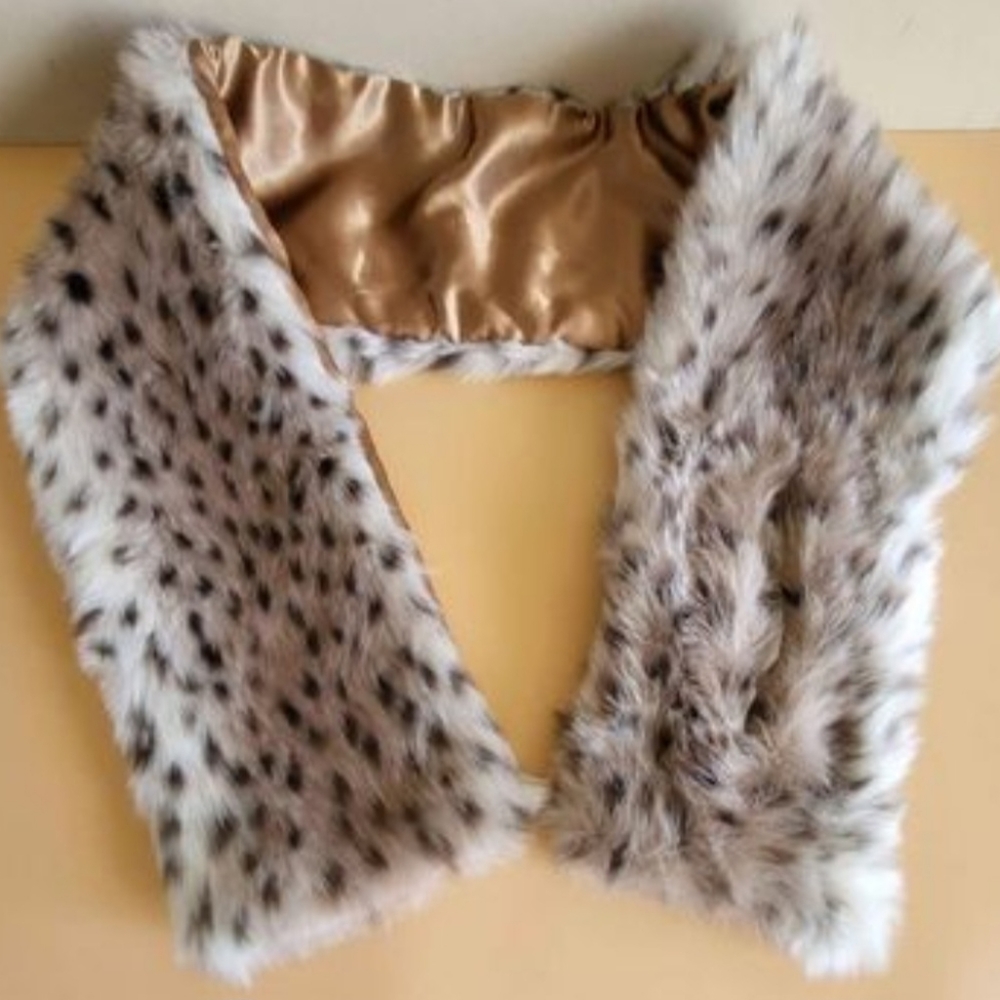 Dennis Basso Leopard Lynx Print Faux Fur Scarf Wrap Cape Coat Collar Scarve